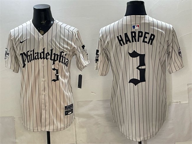 Men's Philadelphia Phillies #3 Bryce Harper Cream Pinstripe Gothic Vapor Limited Stitched Jersey