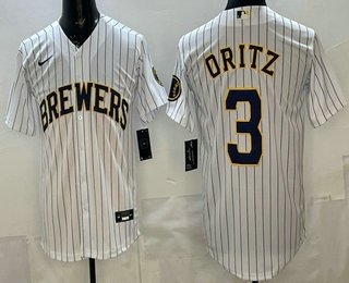 Men's Milwaukee Brewers #3 Joey Ortiz White Cool Base Jersey