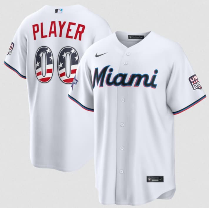 Men's Miami Marlins Active Player Custom White 2026 All-Star Edition Stars & Stripes & USA 250 Fourth of July Home Stadium Stitched Baseball Jersey
