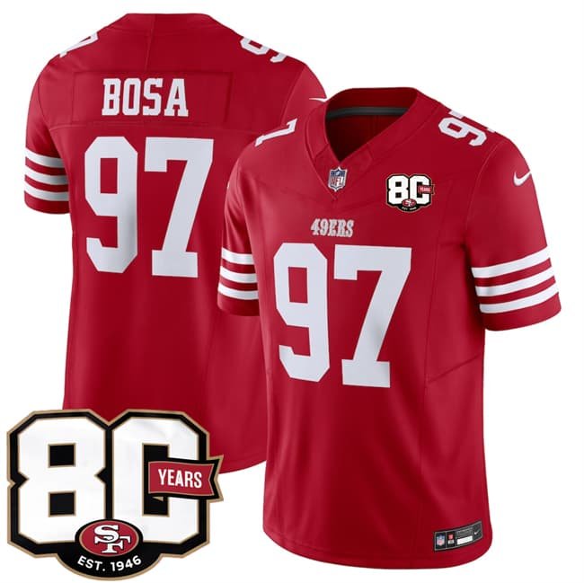Men's San Francisco 49ers #97 Nick Bosa Red 80th Anniversary Patch 2026 F.U.S.E. Vapor Untouchable Limited Football Stitched Jersey