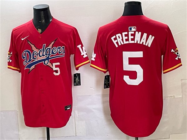Men's Los Angeles Dodgers x One Piece #5 Freddie Freeman Red Vapor Premier Limited Stitched Baseball Jersey