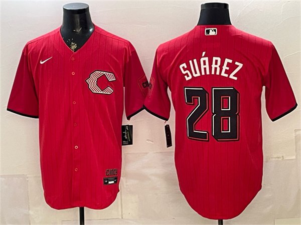 Men's Cincinnati Reds #28 Eugenio Suárez Red 2026 City Connect Stadium Stitched Baseball Jersey