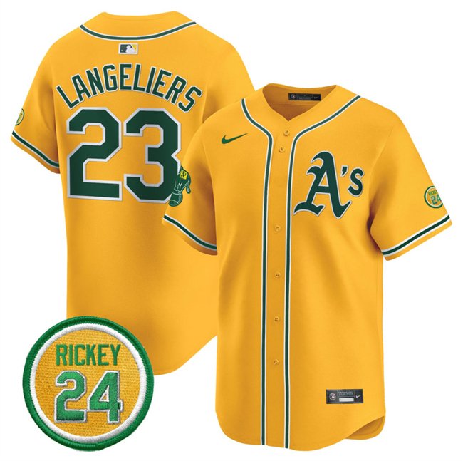 Men's Oakland Athletics #23 Shea Langeliers Yellow 2024 Limited With Rickey Henderson Patch Stitched Jersey