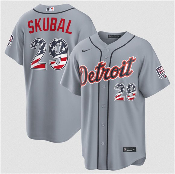 Men's Detroit Tigers #29 Tarik Skubal Grey 2026 USA 250 Fourth of July Stitched Baseball Jersey