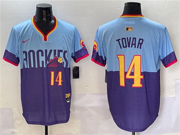 Men's Colorado Rockies #14 Ezequiel Tovar Purple Light Blue 2025 City Connect Limited Stitched Baseball Jersey