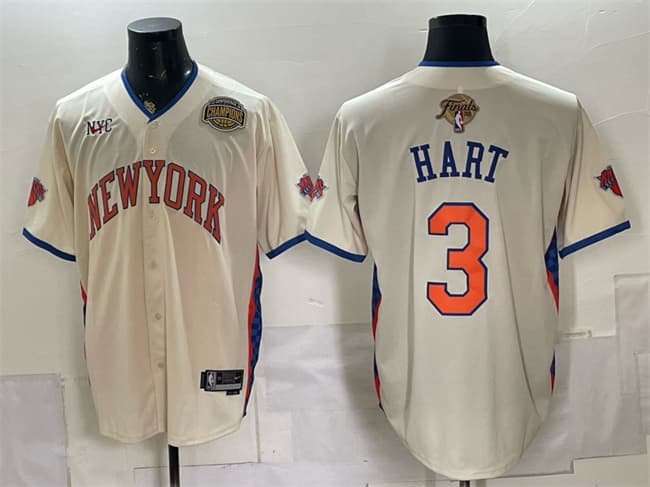 Men's New York Knicks #3 Josh Hart Cream 2026 Finals & Eastern Conference Champions Patch Stitched Baseball Jersey