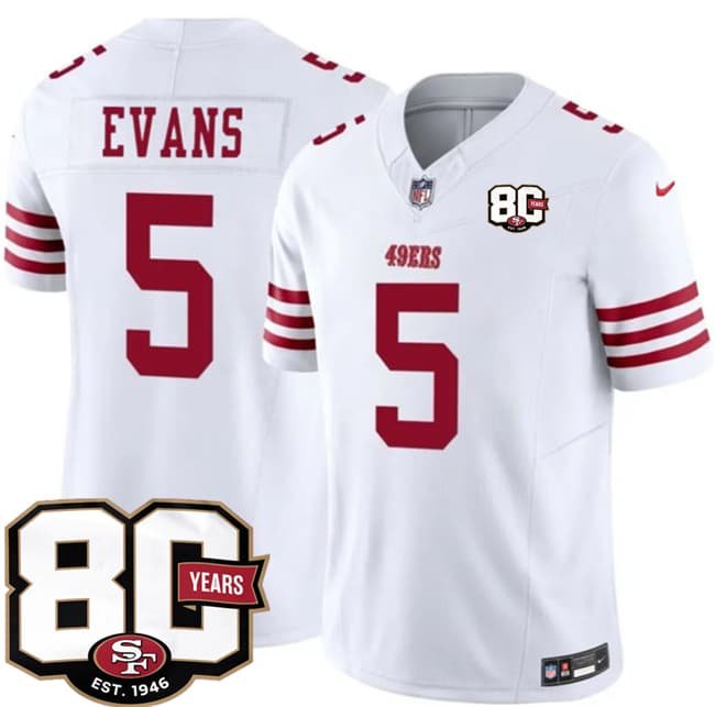 Men's San Francisco 49ers #5 Mike Evans White 80th Anniversary Patch 2026 F.U.S.E. Vapor Untouchable Limited Football Stitched Jersey