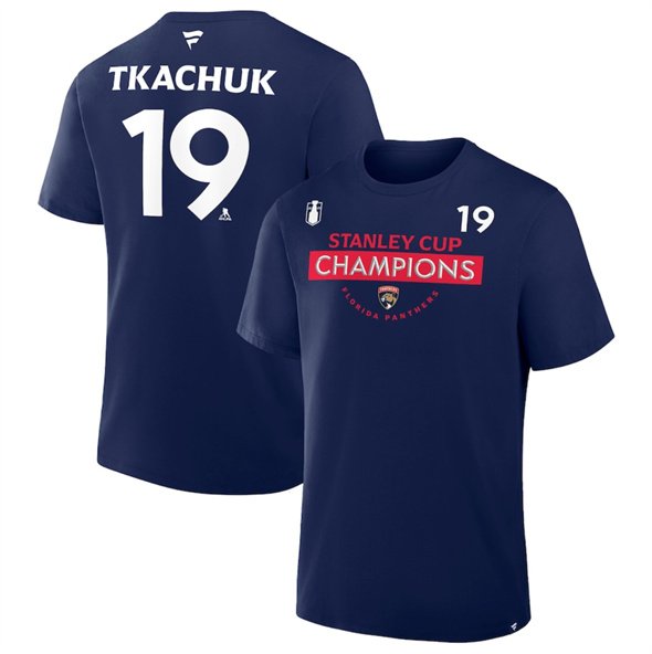 Men's Florida Panthers #19 Matthew Tkachuk Navy 2025 Stanley Cup Champions Pro Name & Number T-Shirt
