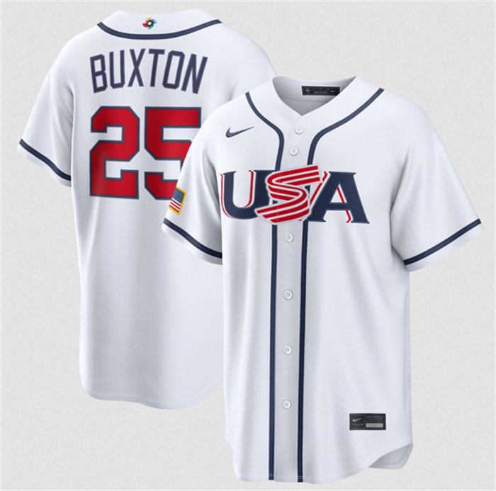 Men's USA Baseball #25 Byron Buxton White 2026 World Baseball Classic Home Stadium Stitched Jersey