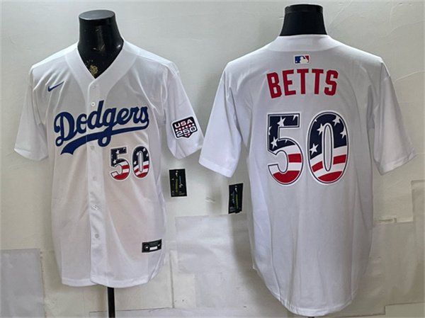 Men's Los Angeles Dodgers #50 Mookie Betts White 250 Fourth of July Home Stitched Baseball Jersey