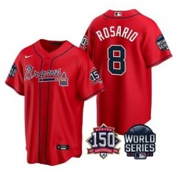 Men Atlanta Braves 8 Eddie Rosario 2021 Red World Series With 150th Anniversary Patch Cool Base Stitched Jersey