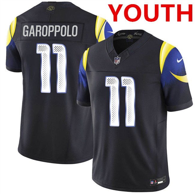 Youth los angeles rams #11 jimmy garoppolo midnight blue 2025 f.u.s.e. “rivalries” vapor limited football stitched jersey