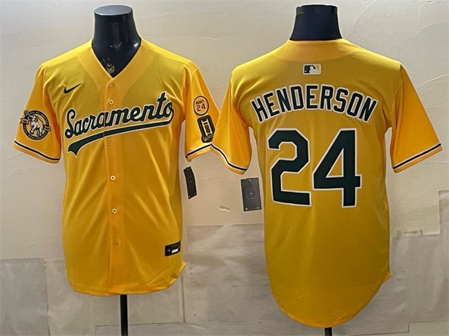 Men's Oakland Athletics #24 Rickey Henderson 2026 Yellow Alternate Sacramento Celebrating 125 Years Vapor Limited Stitched Baseball Jersey