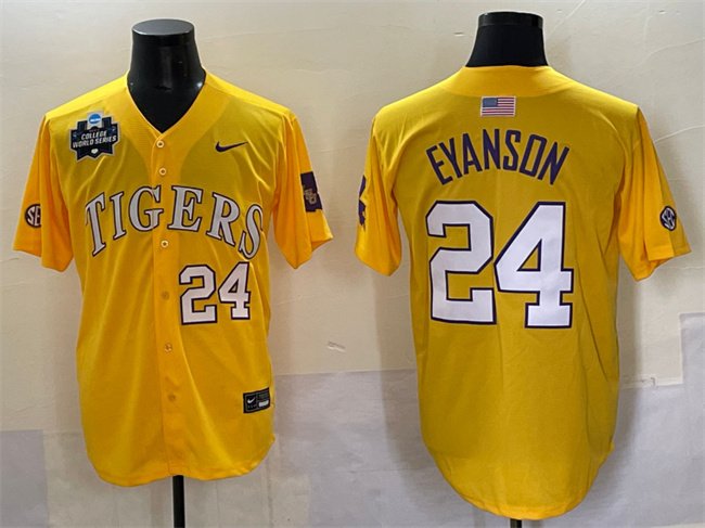 Men's LSU Tigers #24 Anthony Eyanson Gold 2025 World Series & SEC Patch Stitched Baseball Jersey