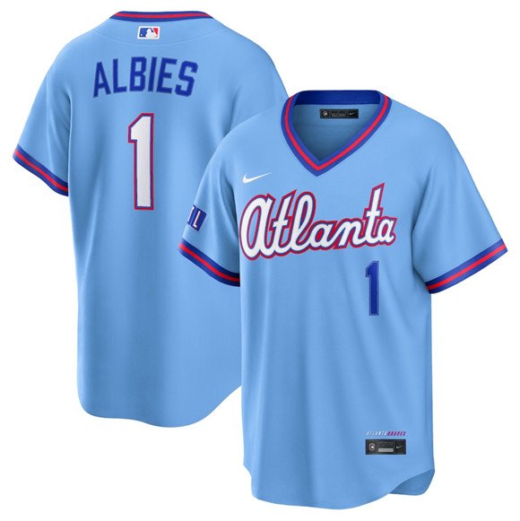 Men's Atlanta Braves #1 Ozzie Albies Powder Blue 2026 City Connect Stadium Stitched Baseball Jersey Men's Atlanta Braves #1 Ozzie Albies Powder Blue 2026 City Connect Stadium Stitched Baseball Jersey