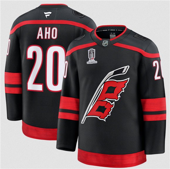 Men's Carolina Hurricanes #20 Sebastian Aho Black 2026 Stanley Cup Champions Home Stitched Jersey