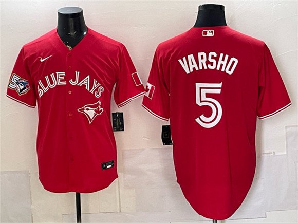 Men's Toronto Blue Jays #5 Daulton Varsho Red 50 Seasons Patch Stitched Baseball Jersey