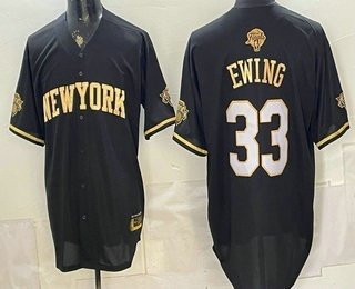 Men's New York Knicks #33 Patrick Ewing Black Gold 2026 Finals Patch Stitched Baseball Jersey