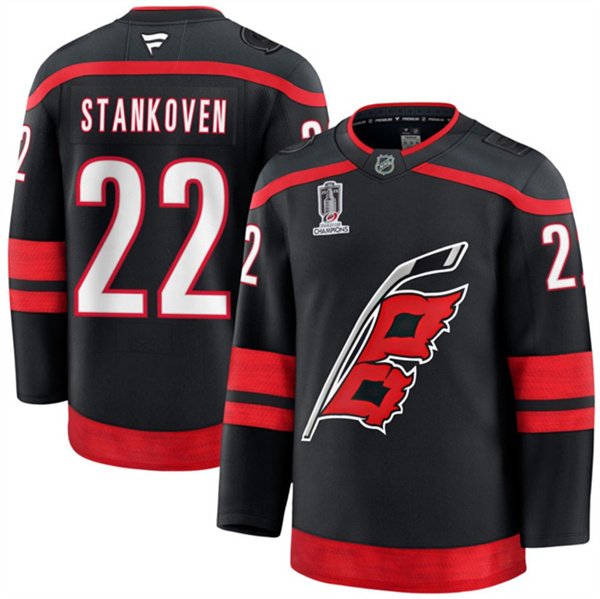 Men's Carolina Hurricanes #22 Logan Stankoven Black 2026 Stanley Cup Champions Home Stitched Hockey Jersey