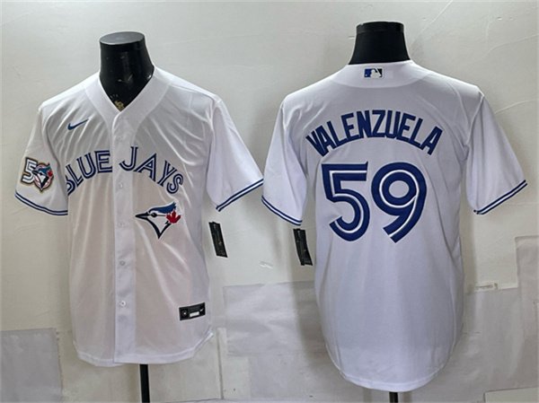 Men's Toronto Blue Jays #59 Brandon Valenzuela White 50 Seasons Patch Stitched Baseball Jersey