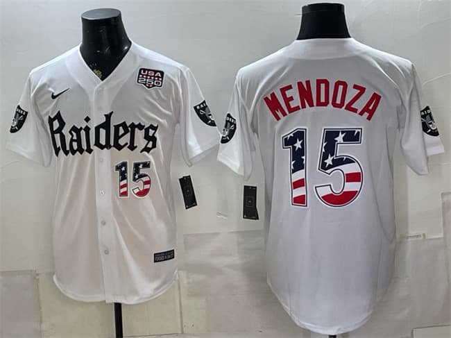 Men's Las Vegas Raiders #15 Fernando Mendoza White USA 250 Fourth of July 'Gothic Sin City Shadows Edition' Vapor Limited Stitched Baseball Jersey