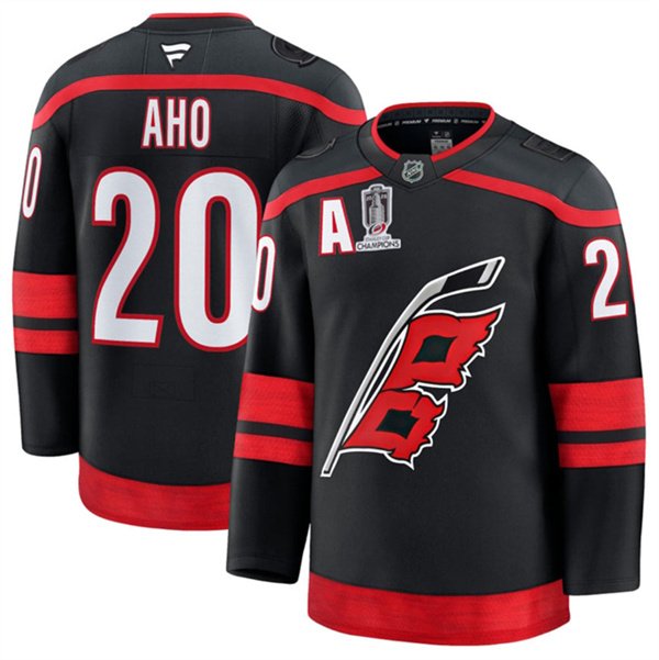 Men's Carolina Hurricanes #20 Sebastian Aho Black 2026 Stanley Cup Champions And A Patch Home Stitched Hockey Jersey