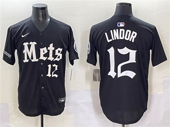 Men's New York Mets #12 Francisco Lindor Black 'Gotham Gothic Edition' Vapor Premier Limited Stitched Baseball Jersey