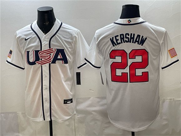 Men's USA Baseball #22 Clayton Kershaw White 2026 World Baseball Classic Home Stadium Stitched Jersey