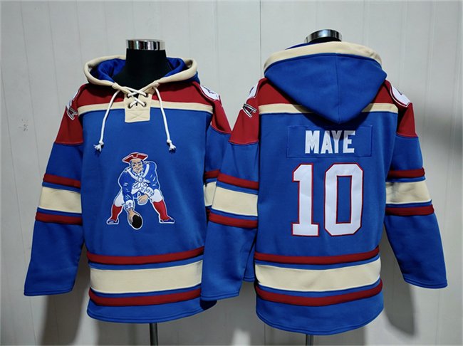 Men's New England Patriots #10 Drake Maye Blue Ageless Must-Have Lace-Up Pullover Hoodie