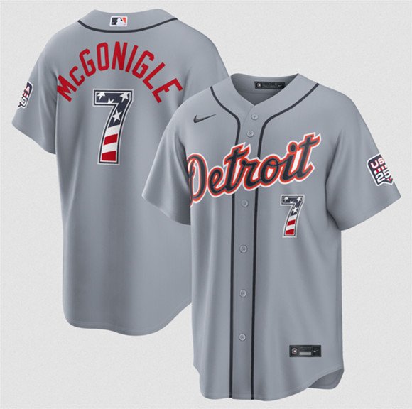 Men's Detroit Tigers #7 Kevin McGonigle Gray 2026 USA 250 Fourth of July Stitched Baseball Jersey