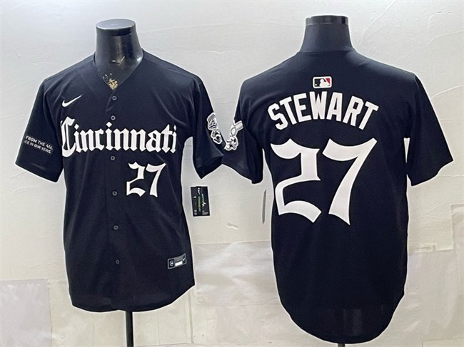 Men's Cincinnati Reds #27 Sal Stewart Black 'Gothic Queen City Edition' Vapor Premier Limited Stitched Baseball Jersey