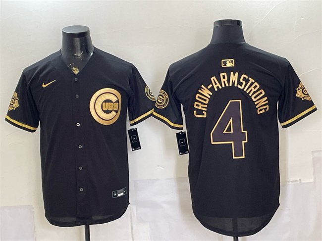 Men's Chicago Cubs #4 Pete Crow-Armstrong Black Gold 150th Anniversary Patch Stitched Baseball Jersey