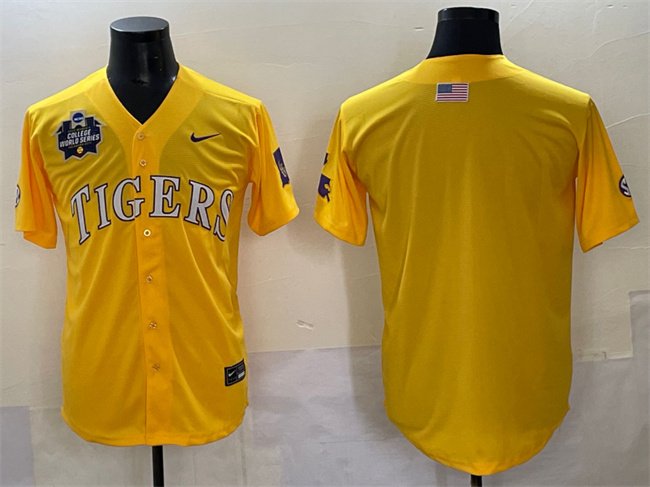 Men's LSU Tigers Blank Gold 2025 World Series & SEC Patch Stitched Baseball Jersey