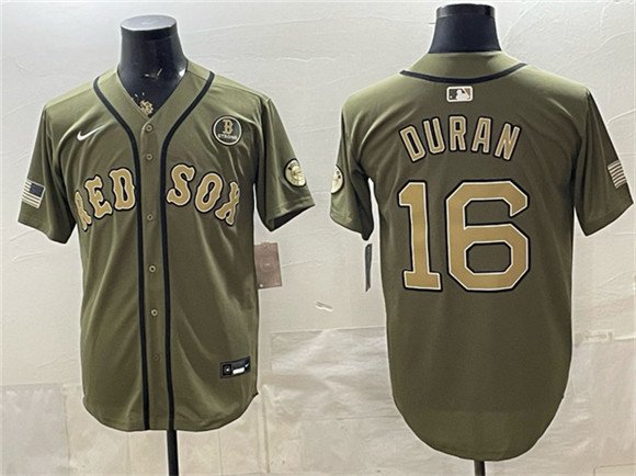 Men's Boston Red Sox #16 Jarren Duran Olive Armed Forces Day Cool Base Stitched Baseball Jersey
