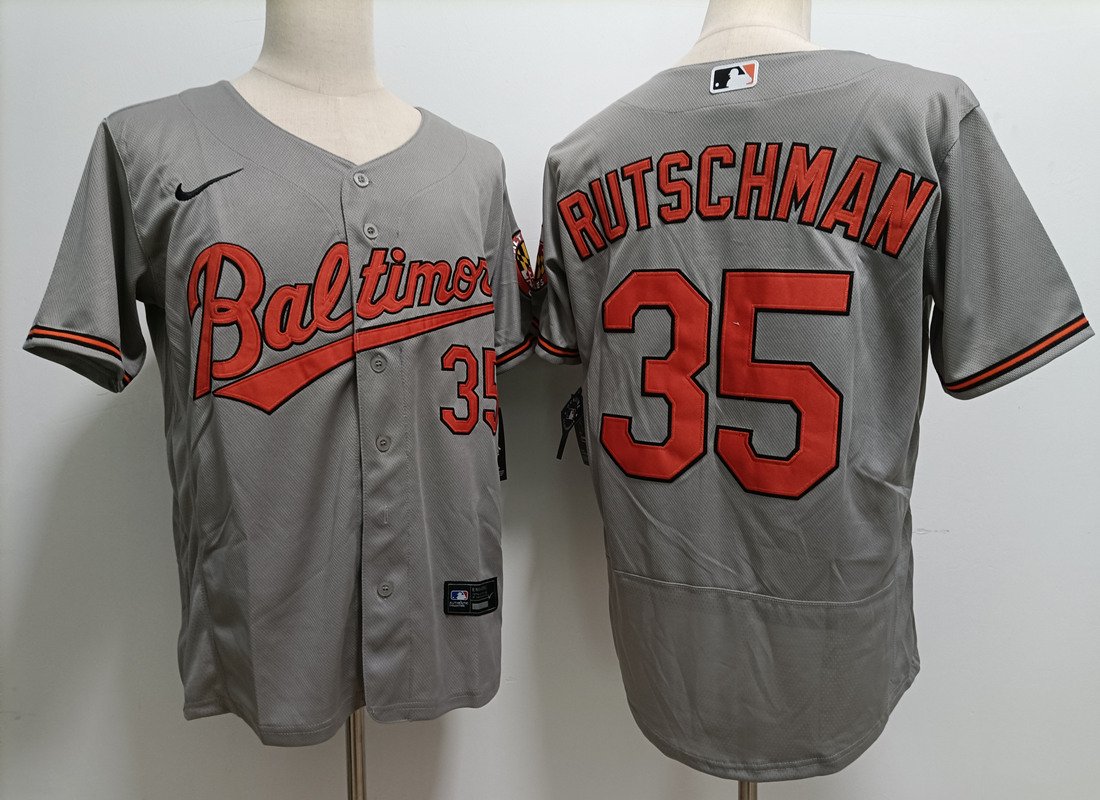 Men's Baltimore Orioles #35 Adley Rutschman Grey Stitched Flex Base Nike Jersey