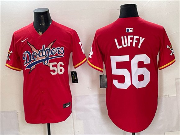 Men's Los Angeles Dodgers x One Piece #56 Luffy Red Vapor Premier Limited Stitched Baseball Jersey
