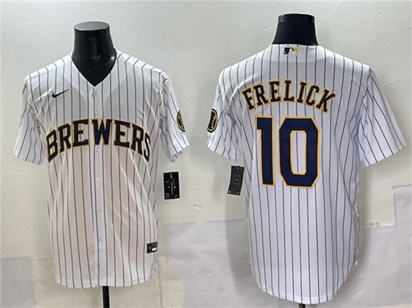 Men's Milwaukee Brewers #10 Sal Frelick White Pinstripe 2025 With Patch Stitched Baseball Jersey