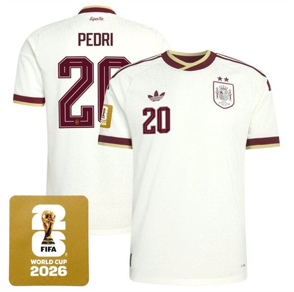 Men's Spain Team #20 Pedri White 2026 World Cup Away Soccer Jersey