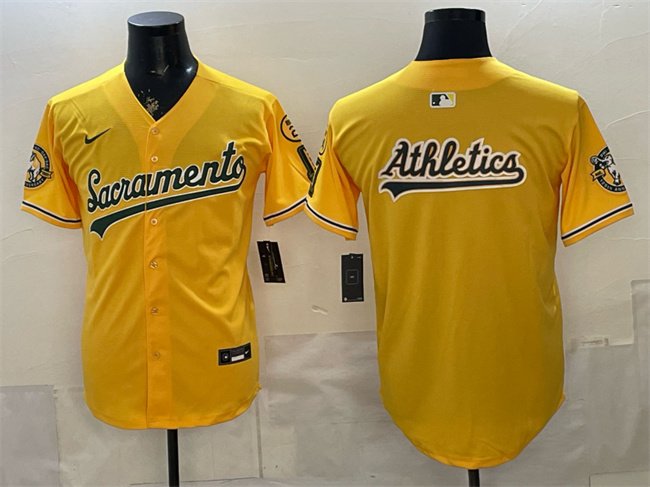 Mens Oakland Athletics Team Big Logo 2026 Yellow Alternate Sacramento Celebrating 125 Years Vapor Limited Stitched Baseball Jerseys