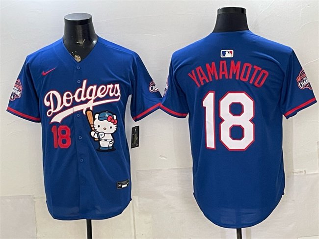 Men's Los Angeles Dodgers #18 Yoshinobu Yamamoto Royal Hello Kitty Night 2025 World Series Champions Patch Stitched Baseball Jersey