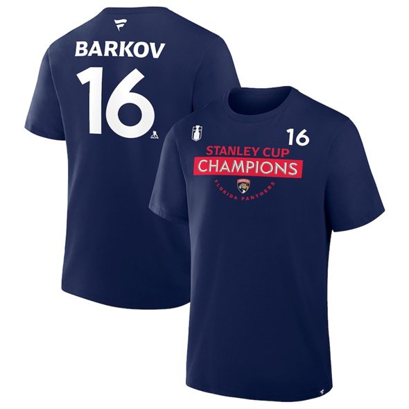 Men's Florida Panthers #16 Aleksander Barkov Navy 2025 Stanley Cup Champions Pro Name & Number T-Shirt