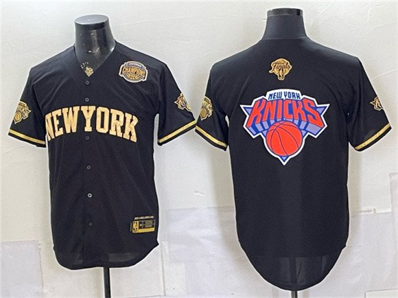 Men's New York Knicks Team Big Logo Black Gold 2026 Finals & Eastern Conference Champions Patch Stitched Baseball Jersey