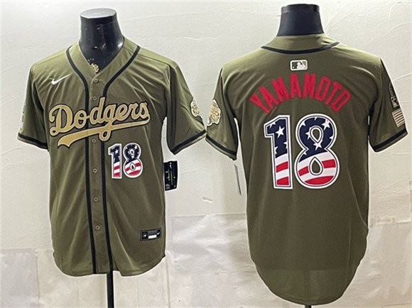 Men's Los Angeles Dodgers #18 Yoshinobu Yamamoto Olive 2026 Armed Forces Day USA 250 Fourth of July Stitched Baseball Jersey