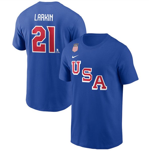 Men's US Hockey #21 Dylan Larkin Royal 2026 Name & Number T-Shirt
