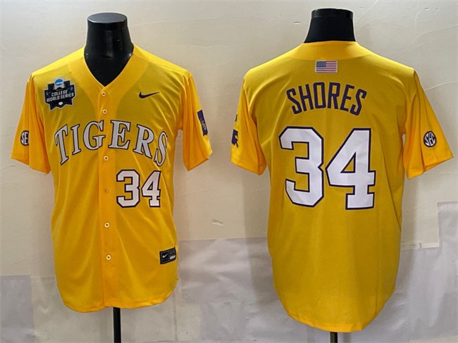 Men's LSU Tigers #34 Chase Shores Gold 2025 World Series & SEC Patch Stitched Baseball Jersey