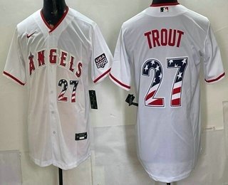 Men's Los Angeles Angels #27 Mike Trout White USA 250 Fourth of July Home Stadium Stitched Jersey