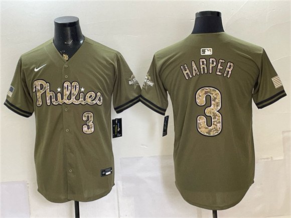 Men's Philadelphia Phillies #3 Bryce Harper Olive 2026 Armed Forces Day Stitched Jersey