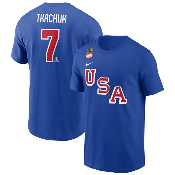 Men's US Hockey #7 Brady Tkachuk Royal 2026 Name & Number T-Shirt