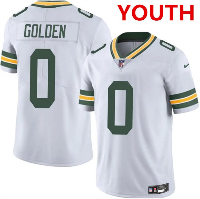 Youth Green Bay Packers #0 matthew golden white 2025 vapor untouchable limited stitched football jersey