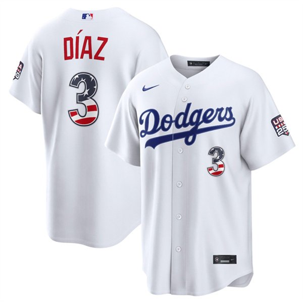 Men's Los Angeles Dodgers #3 Edwin Díaz White USA 250 Fourth of July Home Stitched Baseball Jersey